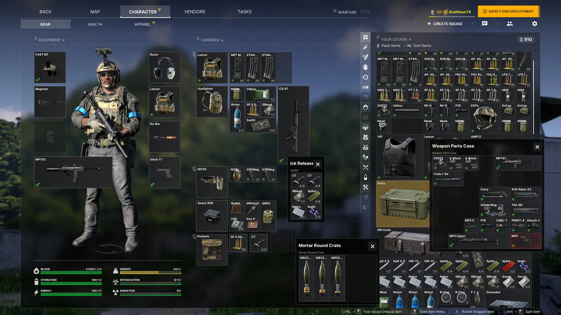 Gray Zone Warfare character gear screen with equipment slots, carriers, and the locker