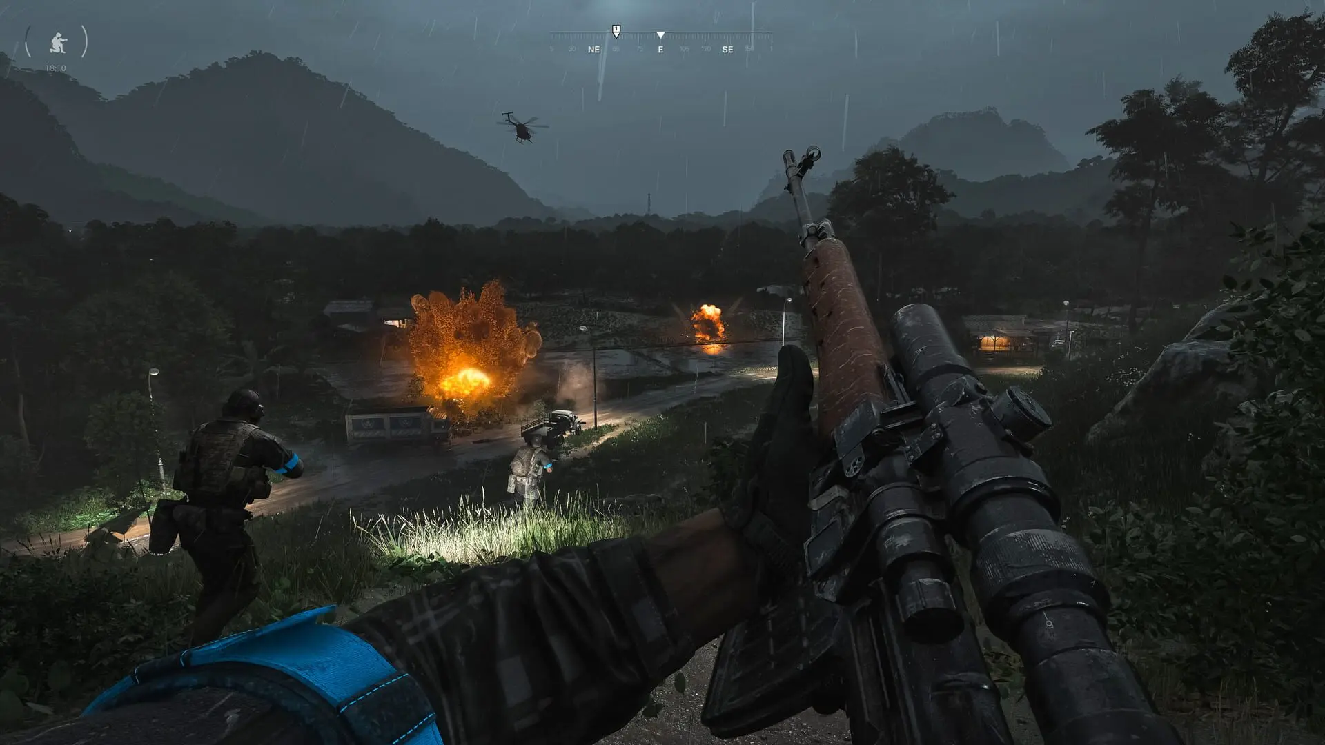 Gray Zone Warfare first-person view of a scoped rifle on a rainy hillside at night
