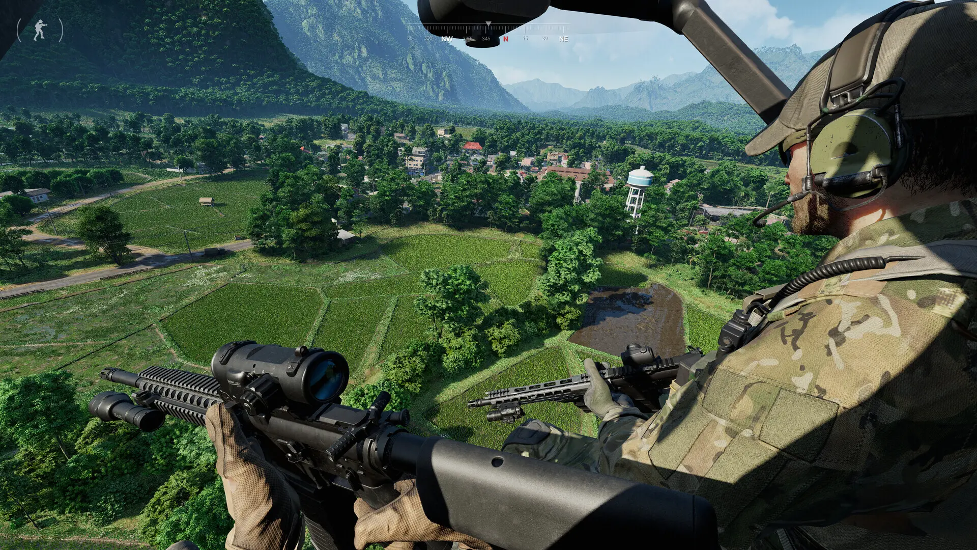 Gray Zone Warfare operator aiming a scoped rifle over a jungle village in daylight